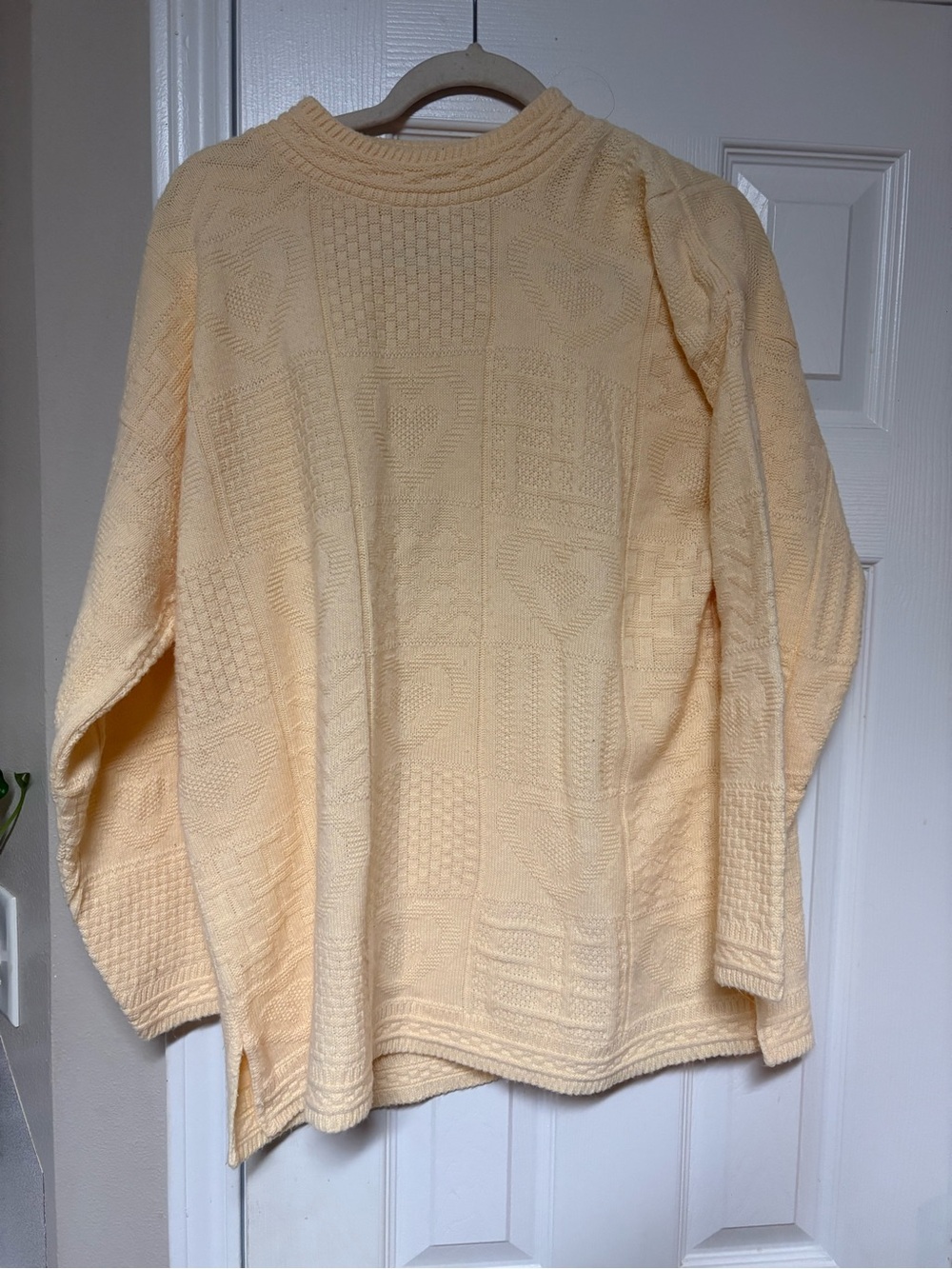 Vintage Jennifer Moore Heart Patchwork Knit Sweater Size Large Yellow USA